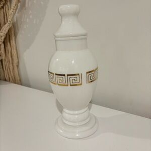 Vintage Milk Glass Ginger Jar with lid Gold tone greek key design tall vase urn